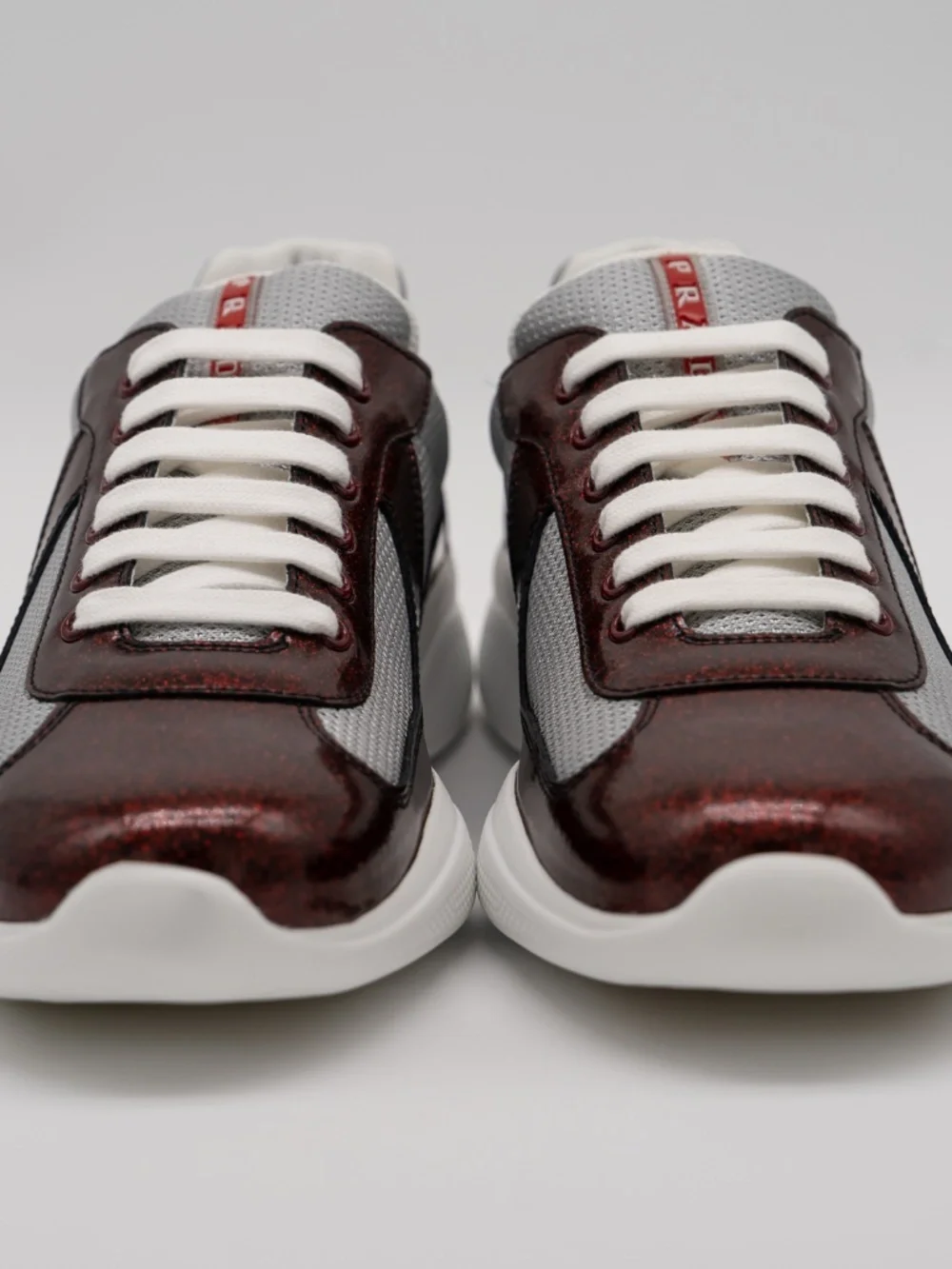Prada America's Cup Men's Sneakers Burgundy Patent Leather Fabric Glitter 9 US